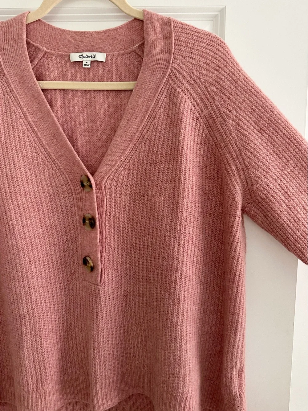 Madewell Merino Wool Pink V-Neck Button Front Lyle Rib Henley Pullover Sweater